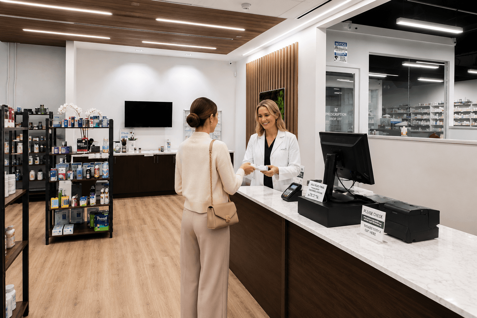 A patient picking up a prescription at the Village Pharmacy counter
