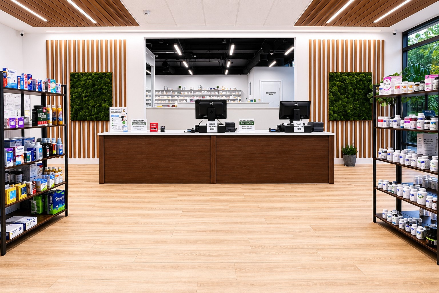 The bright, modern retail floor at Village Pharmacy & Compounding in Miami