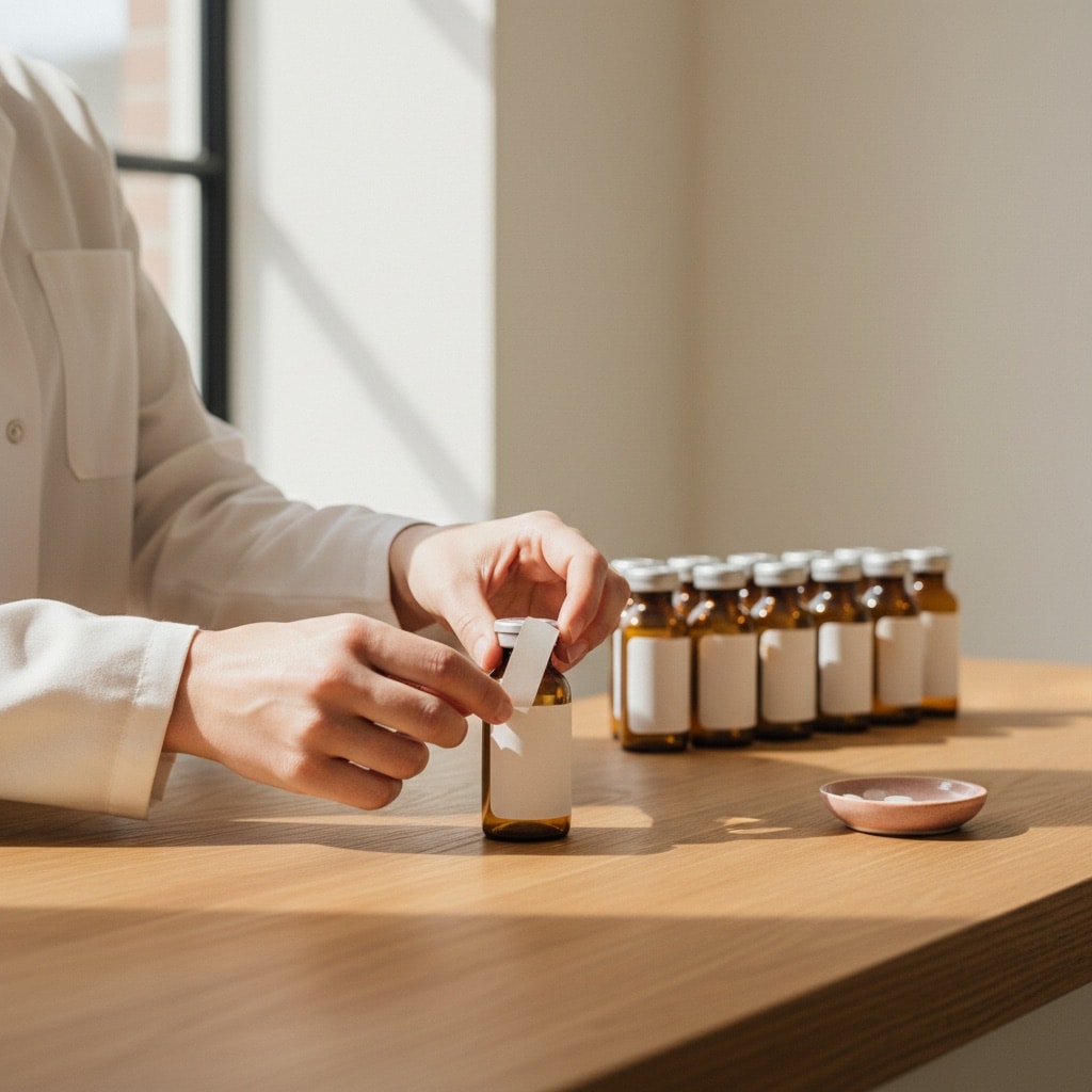 A Village pharmacist's hands labeling and lining up finished amber prescription vials on a warm wood counter