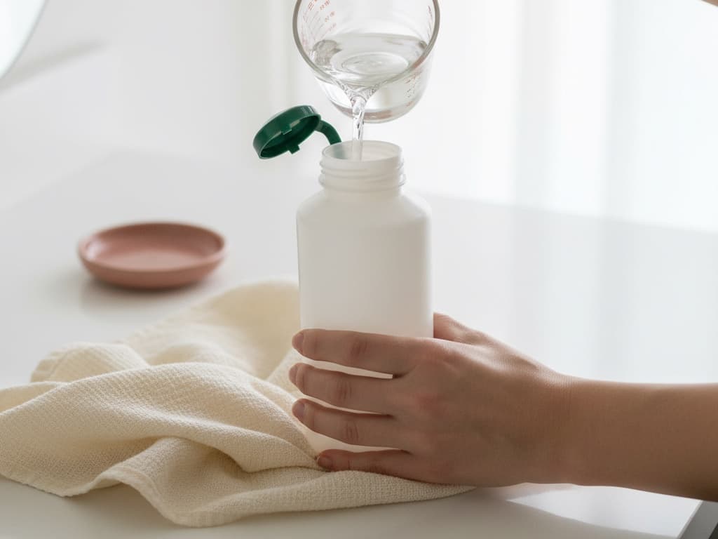 Filling the white squeeze rinse bottle with distilled water from a glass measuring cup.