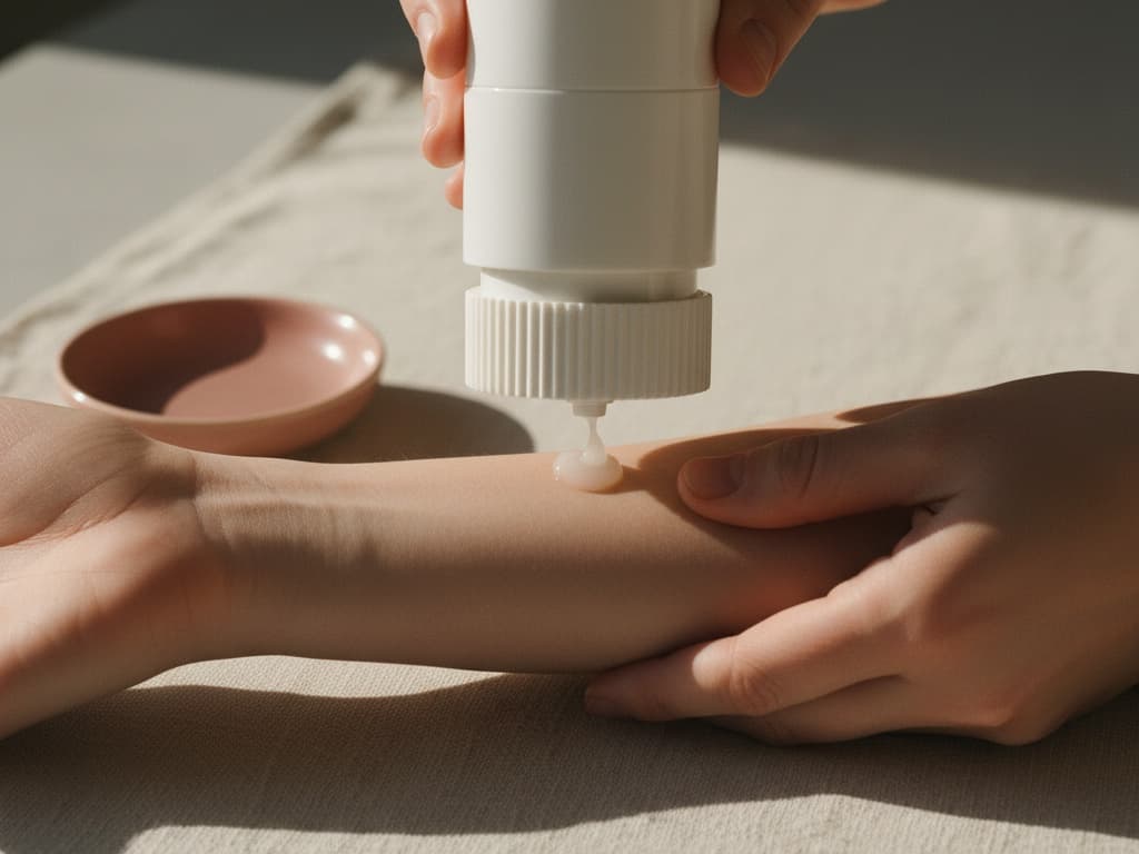 Dispensing a small dab of cream onto the inner forearm from the Topiclick dispenser.